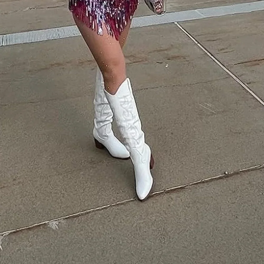 🆕Women White Polyurethane Embroidered Chunky Heel Knee High Western Boot